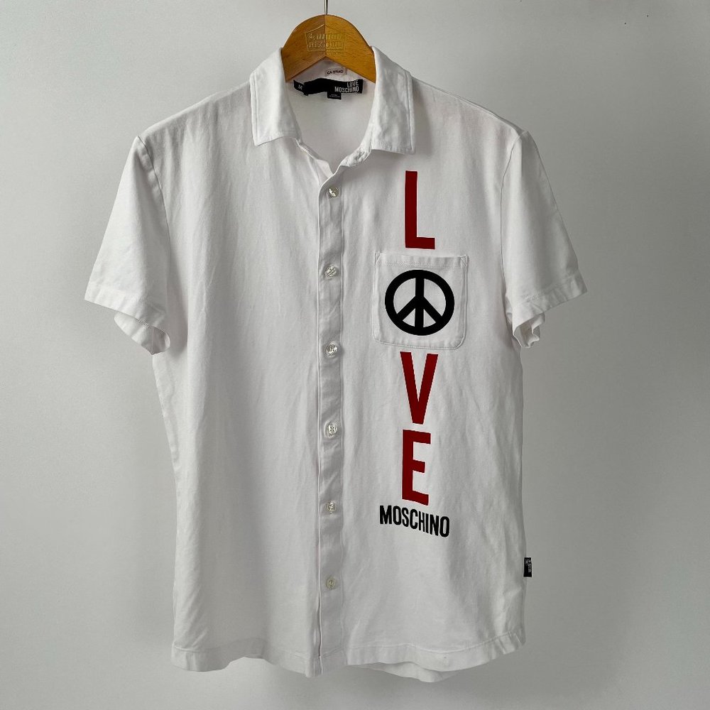 Love Moschino White Spellout Peace Sign Short Sleeve Button Up Shirt, Size M